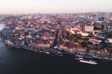 Obraz premium Porto Portugal view look from above drone shot aerial sunset violet Douru river