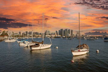 Fototapeta premium Downtown towers and peaceful marina with sunset sky in scenic San Diego, California.
