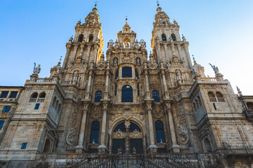 Fototapeta premium Santjago de Kompostela Spain Catedral de Santiago de Compostela blue sky sunny day sunlight shadows building church