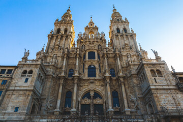 Fototapeta na wymiar Santjago de Kompostela Spain Catedral de Santiago de Compostela blue sky sunny day sunlight shadows building church