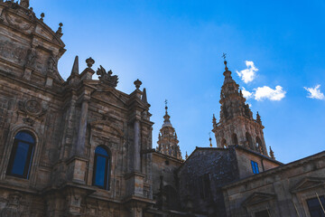 Fototapeta na wymiar Santjago de Kompostela Spain Catedral de Santiago de Compostela blue sky sunny day sunlight shadows building church