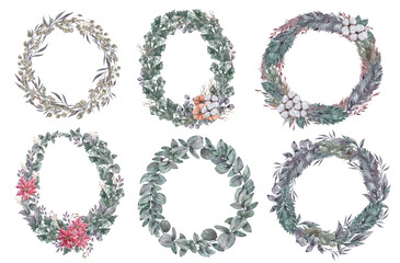 Watercolor flower wreaths with winter plants-eucalyptus, poinsettia, cotton flower. Can be used for wedding invitation, printing postcards, Christmas poster, greeting card, winter holidays, monograms