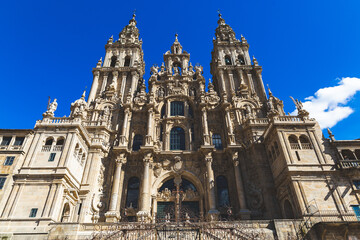 Fototapeta premium Santjago de Kompostela Spain Catedral de Santiago de Compostela blue sky sunny day sunlight shadows building church