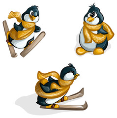 A vector image of a set of the same penguin in various skiing positions and without them, screwed into a large scarf. Concept. Cartoon. EPS 10