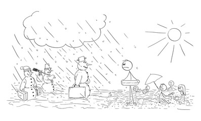 Vector cartoon stick figure illustration of people enjoying summer fun and looking frustrated at snowmen coming with winter and snow. End of holiday, vacation or season.