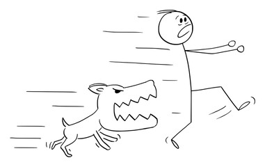 Vector cartoon stick figure illustration of angry dog chasing running man.