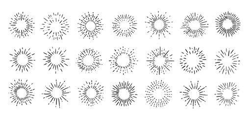 Firework hand drawn icons set. Sun rays images. Vector.