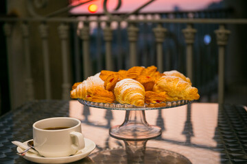 Served tasty bakery products close up view