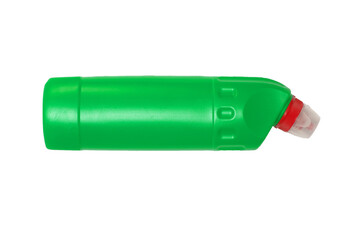 Green plastic bottle with red cap on a white background. Isolate.