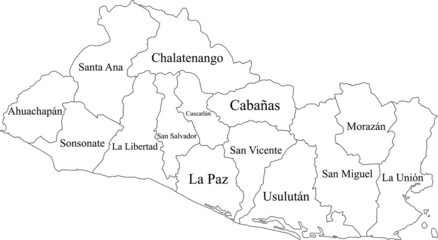 White vector map of El Salvador with black borders and names of it's departments