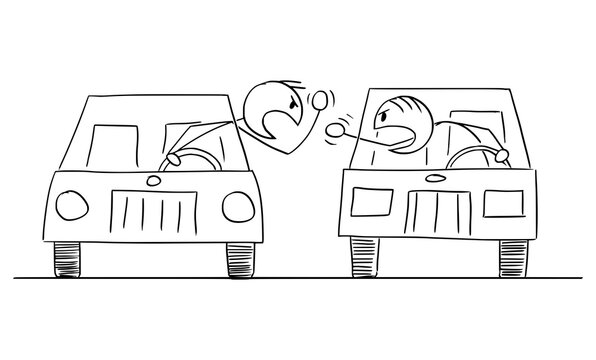Vector cartoon stick figure illustration of two aggressive angry car drivers arguing or fighting.