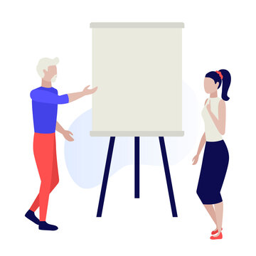 People with flipchart. Blank flipchat. Business people working together. Business people. Teamwork. Office work. Human characters on white background. Color vector illustration