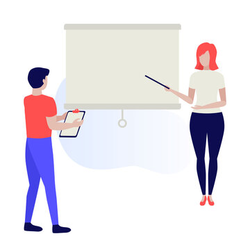 People with flipchart. Blank flipchat. Business people working together. Business people. Teamwork. Office work. Human characters on white background. Color vector illustration