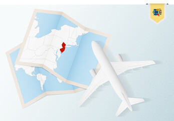 Travel to New Jersey, top view airplane with map and flag of New Jersey.