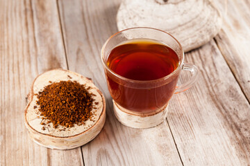 Chaga tea. Healing tea from birch mushroom chaga is used in alternative medicine. Selective focus