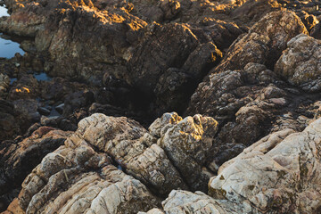 Praia do Coral sunset Viana do Castelo Portugal shore coast beach rocks waves water rocks close up 