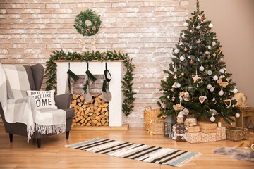Christmas tree in the living room, festive interior, soft focus