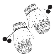 Hand drawn doodle sketch illustration of Christmas mittens with patterns and pompoms isolated on white background. Happy New Year and Christmas decorative vector icon for greeting card, invitation