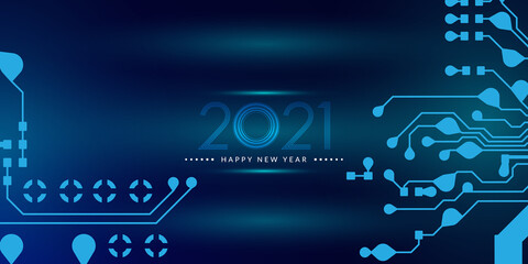 2021. Happy new year 2021 text design with circuit board technology background