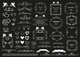 Calligraphic design elements . Decorative swirls and scrolls, vintage frames , flourishes, labels and dividers. Valentine's day special pack design elements. Retro vector illustration