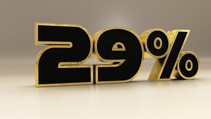 29 percent 3d gold and black luxury text isolated on white, 3d render illustration