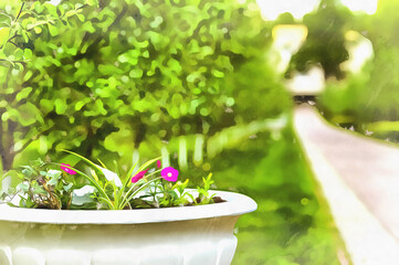 Fototapeta na wymiar Beautiful spring garden alley view with flowerbed