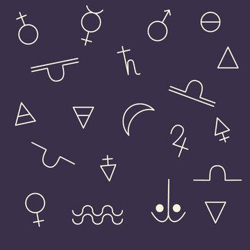 A drawn vector set of alchemical symbols is isolated on a dark background. For mystical illustration, palmistry and astrology. Vector illustration..
