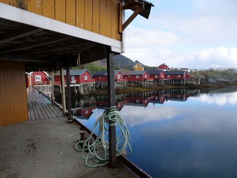 The wooden houses of the village of Tind, on the south of the Lofoten islands. In the beginning of september 2020.