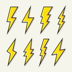 Yellow lightning bolt icons collection. Flash symbol, thunderbolt. Simple lightning strike sign. Vector illustration.