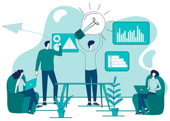 Brainstorming.Businessmen hold a meeting against the background of infographics.Light bulb as an idea.The concept of teamwork, leader influence, and brainstorming.Boss and office workers.Flat vector i