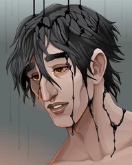 Wandaufkleber Darstellung der Traurigkeit, ein Mann im schwarzen Regen. Vektor-Cartoon-Illustration © ddraw