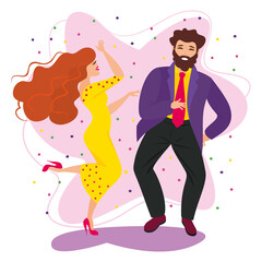 DANCING COUPLE. THE RED-HAIRED GIRL IN THE YELLOW DRESS AND THE DARK-HAIRED BEARED MAN IN THE PURPLE JACKET, THE YELLOW SHIRT AND THE PINK TIE