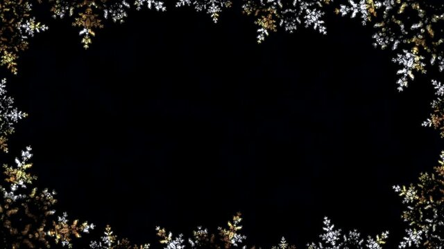 Silver & Gold Christmas snowflakes loop bokeh lights effect frame against a black background.