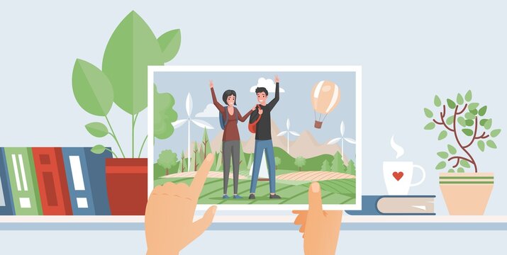 Happy vacation memories vector flat concept. Hands holding photo with smiling young man and woman in the touristic trip. Books, home plants and a cup of coffee as background.