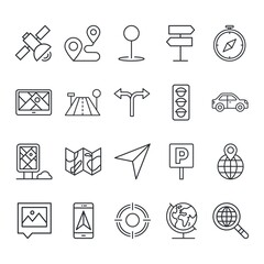 Map, navigation and transport icons set. Line vector illustration.