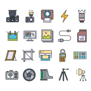 Photography icons set. Camera, lens, flash, tripod, film, memory card, etc. Collection of camera, photo related vector illustrations.