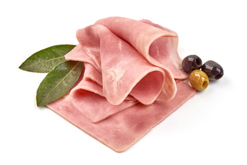 Thinly Sliced Ham, close-up, isolated on white background