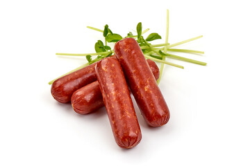 Smoked sausages, isolated on white background
