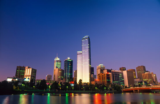 The Rialto building at dusk, Melbourne, Victoria, Australia, with the Yarra river in foreground