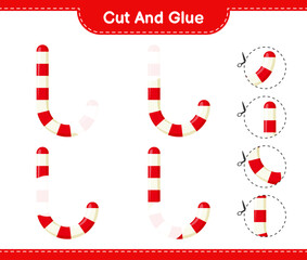 Cut and glue, cut parts of Candy Canes and glue them. Educational children game, printable worksheet, vector illustration