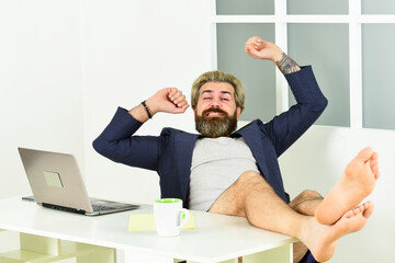 Maintaining regular business hours. Man doing business from home. Procrastination concept....