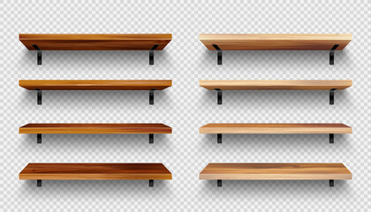 Realistic empty wooden store shelves set. Product shelf with wood texture and black wall mount. Grocery rack. Vector illustration. © 32 pixels