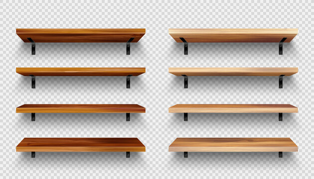 Realistic empty wooden store shelves set. Product shelf with wood texture and black wall mount. Grocery rack. Vector illustration.