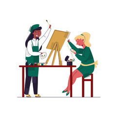 Vector flat illustration group of children, girls who are engaged in creative work, draw, embroider. Concept children s Amateur activities, teaching children creativity and development.