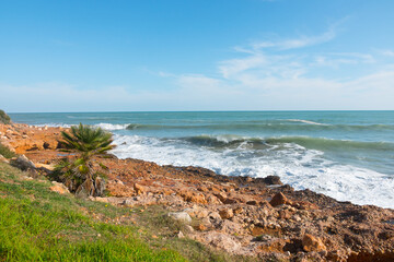 Fototapeta na wymiar Beautiful natural seascape. Rocks, water, blue sky. Paradise scenery. Perfect desktop background.