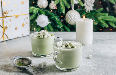Homemade Matcha latte, green tea with coconut milk and marshmallow on concrete background.