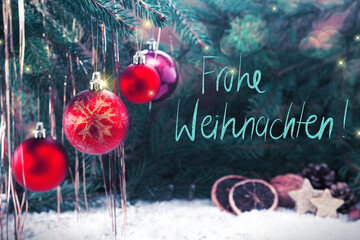 Christmas Ball hanging on a Fir Tree Branch. Christmas Background.