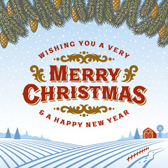 Vintage Merry Christmas Greeting Card. Editable EPS8 vector illustration in retro woodcut style with clipping mask.