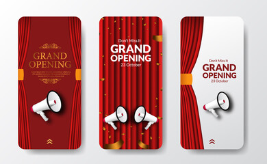 elegant luxury grand opening or reopening event social media stories template for announcement marketing with red curtain and bullhorn speaker