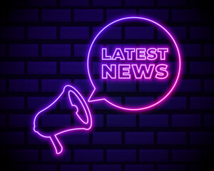 Latest news neon light announcement poster template . Megaphone icon isolated on dark brick wall background